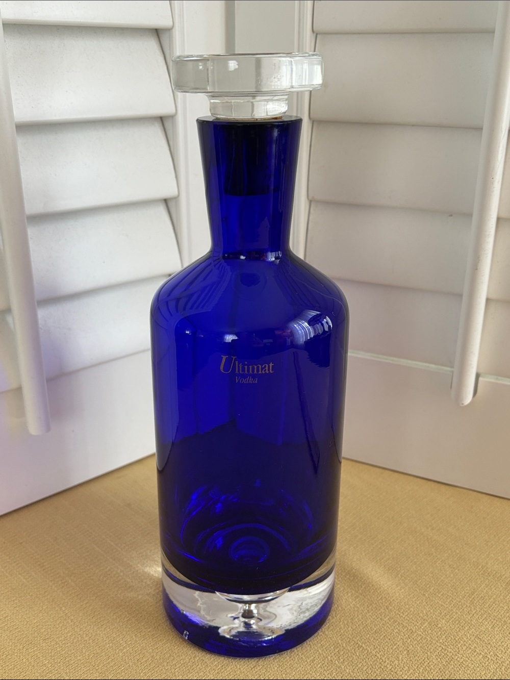 Vintage Ultimat Vodka Decanter Cobalt Blue Glass Body Clear Controlled Bubble